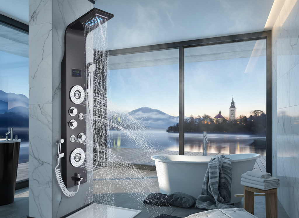 Black Nickel LED Shower Panel Six Functions Shower Column Rain Waterfall Shower Massage Spa Jets Tub Shower With Bidet Bath Taps